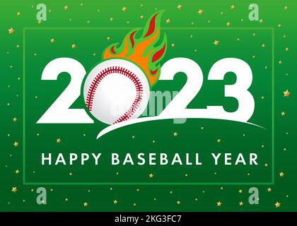 Happy Baseball Year 2023, green banner. Sport cover background logo 2023 with ball in fire. Vector Illustration for tournament design or competition Stock Vector