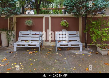 Two White Bench Seats Made From Used Cargo Pallets Upcycling Creative Outdoor Stock Photo