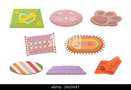 Pet carpets set isolated on white background. Vector cartoon collection of fluffy and knitted rugs for animals in various shape Stock Vector