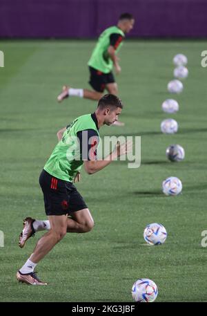 Belgium's Leander Dendoncker pictured in action during a training session of the Belgian national soccer team the Red Devils, at the Hilton Salwa Beach Resort in Abu Samra, State of Qatar, Monday 21 November 2022. The Red Devils are preparing for the upcoming FIFA 2022 World Cup in Qatar. BELGA PHOTO VIRGINIE LEFOUR Stock Photo