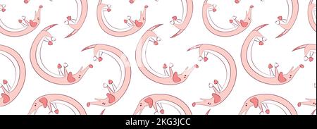 Cute seamless pattern with long dogs dachshunds. Vector flat illustration. Baby or kids white and pink monochrome background. Funny print for wrapping Stock Vector