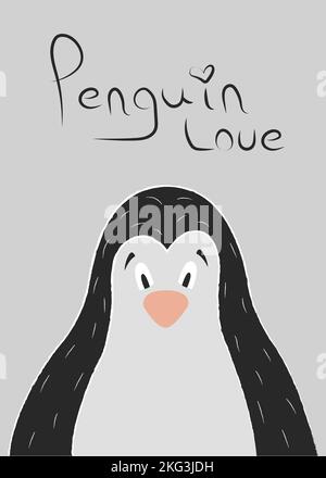 Gift card design Penguin love. The big penguin looks ahead in surprise. Postcard for a loved one, friend, family member. Poster for a children's room. Stock Vector