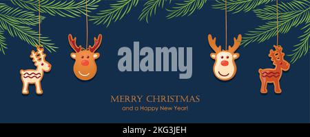 christmas card with hanging gingerbread cookies decoration and fir branches Stock Vector