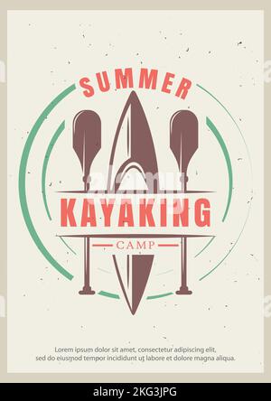 Summer kayaking grunge typography poster design template, vector illustration in retro style. Kayak and paddles, water sport activity concept for bann Stock Vector
