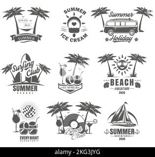 Vector set of summer adventure, beach vacation, night party, surfing vintage logos, emblems, labels and badges. Black and white monochrome illustratio Stock Vector