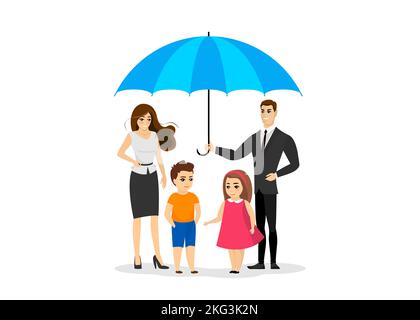 Caring for family. Parents with children under umbrella. Happy ...