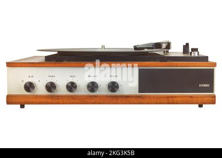 Front view of a vintage turntable with knobs isolated on a white background Stock Photo