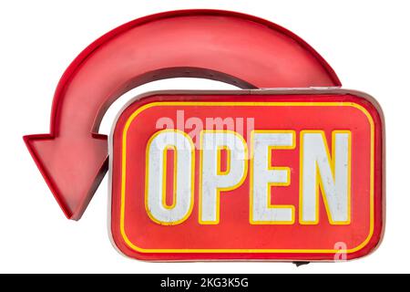 Vintage open sign with arrow and electric light isolated on a white background Stock Photo
