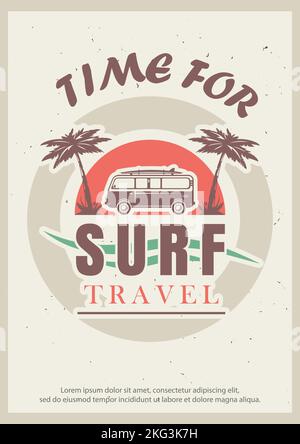 Time for surf grunge typography poster design template, vector illustration in retro style. Surfing club, surf camp concept for banner, flyer. Stock Vector