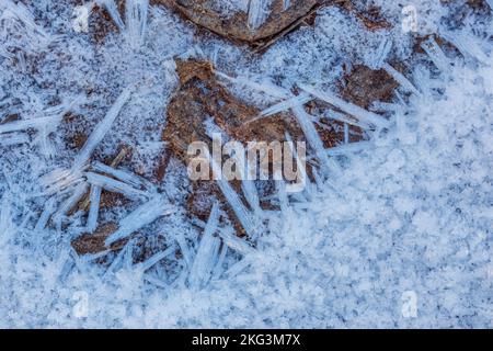 Clear blue crystals of frost on groun Stock Photo