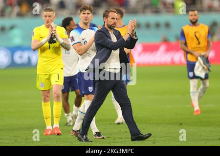 Doha, Qatar. 21st Nov, 2022. Gareth Southgate Head Coach of England thanks the fans during the FIFA World Cup Qatar 2022 match between England and Iran at Khalifa International Stadium, Doha, Qatar on 21 November 2022. Photo by Peter Dovgan. Editorial use only, license required for commercial use. No use in betting, games or a single club/league/player publications. Credit: UK Sports Pics Ltd/Alamy Live News Stock Photo