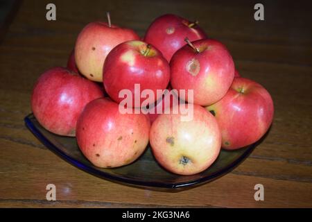 apples on a blue glass plate Stock Photo