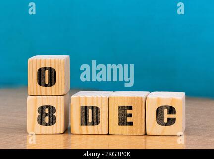 Cube shape calendar for December 08 on wooden surface with empty space for text,cube calendar for december on wood background. Stock Photo