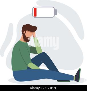 Tired burnout man sitting on the floor. Low energy, burnout or depression concept Stock Vector