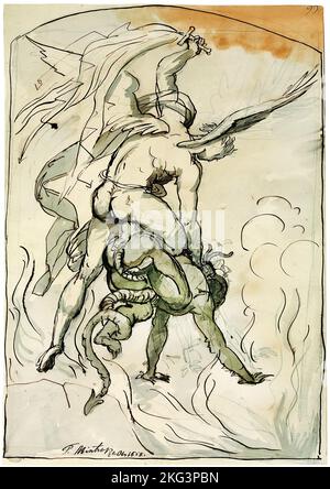 Theodor Mintrop; St. Michael Fighting the Devil; 1858; Ink pen on paper; Museum Kunstpalast, Dusseldorf, Germany. Stock Photo