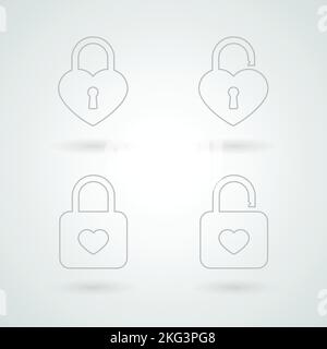 Set: closed and opened padlock of love. Line icons. Vector illustration, flat design Stock Vector