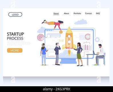 Startup process vector website template, web page and landing page design for website and mobile site development. New project launch, teamwork. Stock Vector