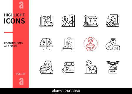 Food industry and crisis - modern line design style icons set Stock Vector