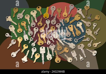 Top aerial view of a group of many different keys in a random pattern,  isolated on a background of subtle colorful shapes. Stock Photo