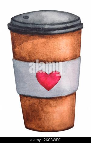 Paper cup with coffee. Coffee To Go. Romantic watercolor clipart. Stock Photo