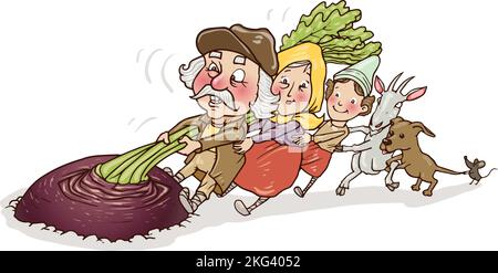 Art illustrating tale, the Gigantic Turnip, a Russian fairy tale first published by Alexander Afanasyev, similar by Brothers Grimm. Concept: teamwork Stock Photo