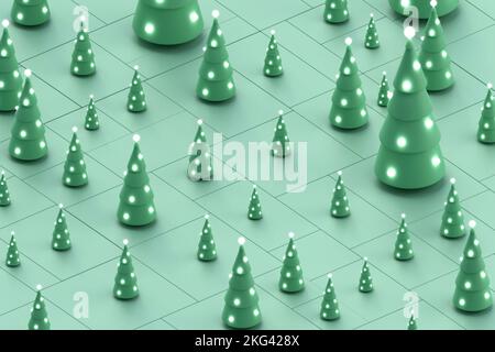 christmas trees seamless pattern, green fir on mint background. Stock Photo