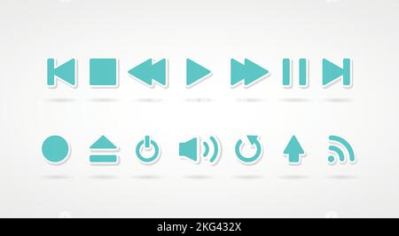Turquoise player icon set. Concept of music, control, buttons. Vector illustration, flat design Stock Vector