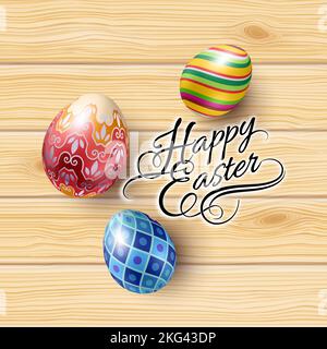 Spring, Easter Mock Up Scene with Colorful Eggs and Wooden Background, with Calligraphy Text, Top View Stock Vector