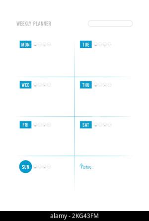 Weekly planner with smileys. Printable template. Vector illustration, flat design Stock Vector