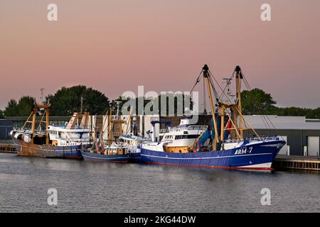 Vlissingen, Netherlands - August 2022: Trawlers moored in the town's commercial dock. Stock Photo