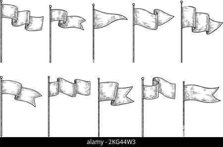Hand drawn flags. Sketch waving fabric on pole, different flag engraving shapes with waves, empty isolated vector set Stock Vector