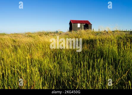 Rye Harbour Nature Reserve Red Roofed Hut Rye Harbour Rye East Sussex England UK GB Europe Stock Photo