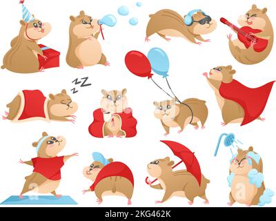 Cartoon hamster character. Cute pet mascot play guitar, sleep and do fitness. Listen music, washes in shower and walking with umbrella vector set Stock Vector