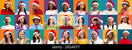 Xmas Excitement. Portraits Of Happy Surprised Multiethnic People In Santa Hats Stock Photo