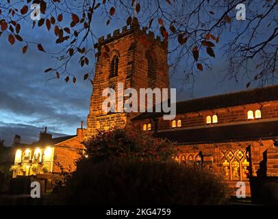 Centre of village, St Wilfrids Church Lane, Grappenhall, Warrington, Cheshire, England, UK, WA4 2SJ , at dusk, Grade I listed Stock Photo