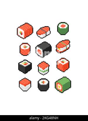Sushi pixel art set. rolls 8 bit Traditional Japanese food kit. pixelated food Stock Vector