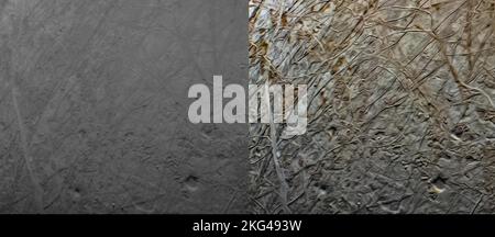 JunoCam captured images of Annwn Regio on Europa during a Sept. 29, 2022 flyby at 1,521 km altitude. The images show surface pits, a small rectangular block, shadows, and ridges. Citizen scientist processing enhanced color contrast, highlighting geological features for further study. Stock Photo