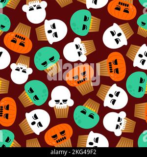 Halloween cupcake pattern seamless. Set Cupcake Scull and Ghost, Zombie and Pumpkin for holiday background. Vector texture Stock Vector