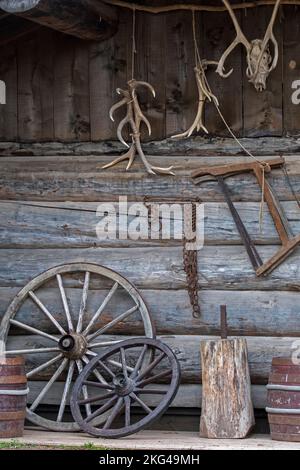 Vintage wooden barrels, cartwheels / cart wheels and rusty chains, deer antlers and antique wood saw hanging outside on wall of trapper's log cabin Stock Photo