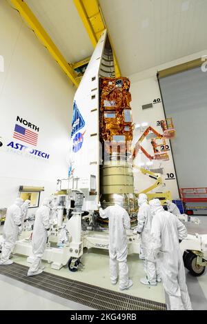 JPSS-2 Fairing Encapsulation. Technicians move the National Oceanic and Atmospheric Administration’s (NOAA) Joint Polar Satellite System-2 (JPSS-2), stacked atop NASA’s Low-Earth Orbit Flight Test of an Inflatable Decelerator (LOFTID) secondary payload into the first half of the United Launch Alliance Atlas V payload fairing inside the Astrotech Space Operations facility at Vandenberg Space Force Base (VSFB) in California on Oct. 12, 2022. JPSS-2 is the third satellite in the Joint Polar Satellite System series. It is scheduled to lift off from VSFB on Nov. 1 from Space Launch Complex-3. JPSS- Stock Photo