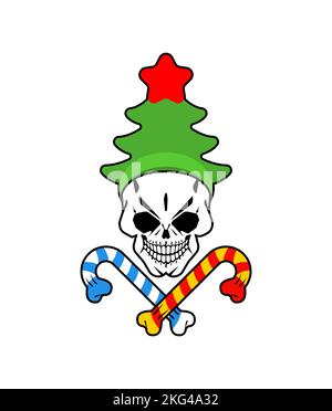 Skull in Christmas tree hat. Scary illustration of Christmas and New Year. Stock Vector