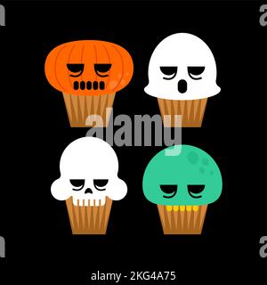 Halloween cupcake Scull and Ghost, Zombie and Pumpkin. Set Cupcake for holiday. Vector illustration Stock Vector