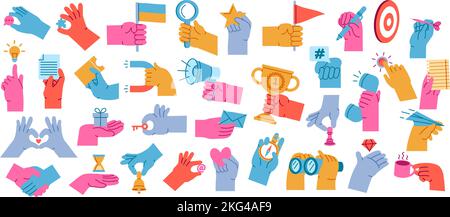 Cartoon hands holding objects. Colorful arms with flag, binocular and magnet. Hand gestures with megaphone, ticket and Idea light bulb vector set Stock Vector