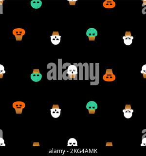 Halloween cupcake pattern seamless. Set Cupcake Scull and Ghost, Zombie and Pumpkin for holiday background. Vector texture Stock Vector