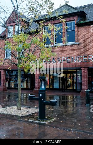 Epsom, Surrey, London UK, November 20 2022, Marks And Specer High Street Town Centre Retail Chain On A Wet Moring With No People Stock Photo