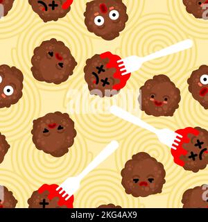 Meatball with pasta pattern seamless. food background. Vector texture Stock Vector