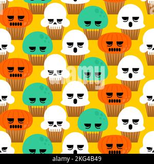 Halloween cupcake pattern seamless. Set Cupcake Scull and Ghost, Zombie and Pumpkin for holiday background. Vector texture Stock Vector