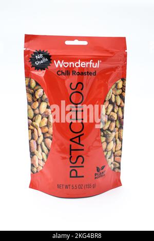A bag of Wonderful pistachios chili roasted  flavor on an isolated background. Stock Photo
