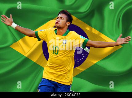 Neymar and flag of Brazil Stock Photo