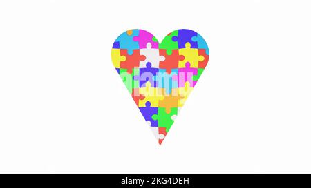 The symbol of autism is a multi-colored puzzle in the form of a heart in the hands of caring parents. Care and love for children autism spectrum disor Stock Photo